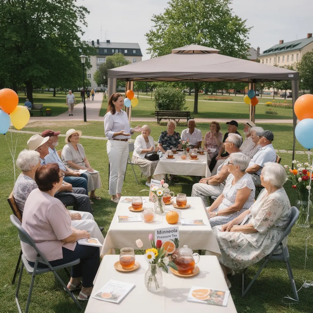Arbatos puodelis su šiltu saulėlydžiu fone, kuriame matyti natūralūs ingredientai